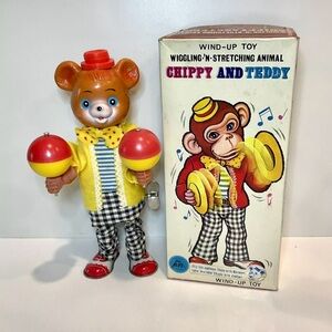 Vintage Tin Wind-up Chippy And Teddy TEDDY  Playing Maracas Toy By, Alps…